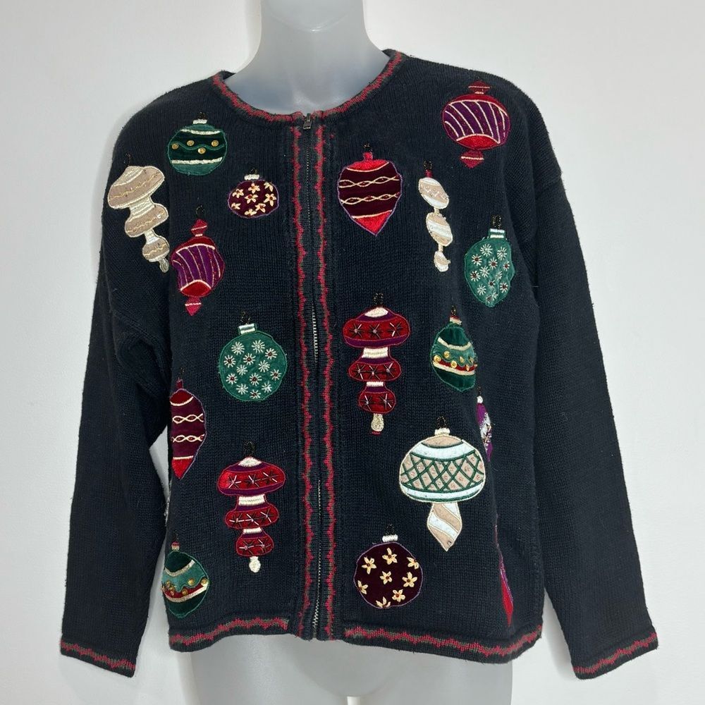 Vintage Tiara Petite Black zip up Holiday Sweater Colorful Ornaments medium PM